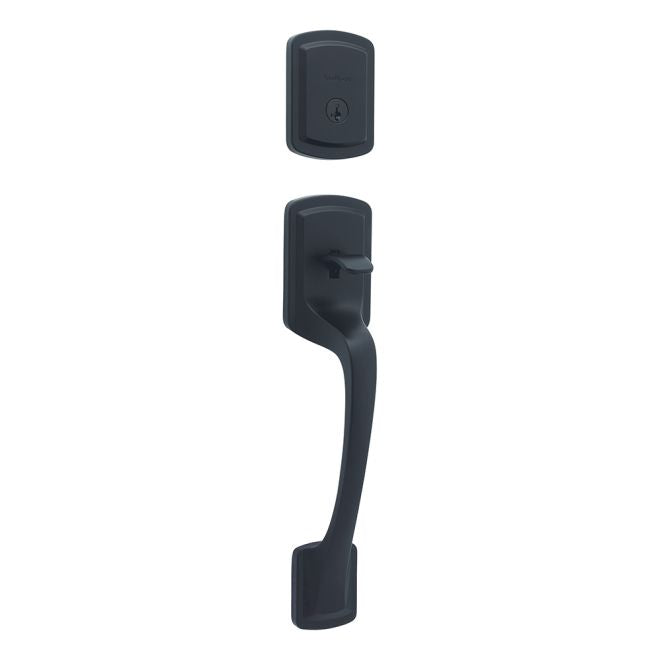 Kwikset Prague Single Cylinder Exterior Handleset with SmartKey with 6AL Latch and STRKP Strike Pack which includes Square Corner; Round Corner and 5303 Round Corner Full Lip Strikes