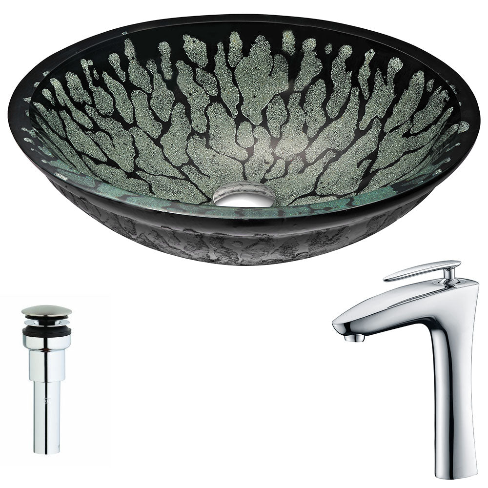ANZZI Bravo Series Deco-Glass Vessel Sink in Lustrous Black with Crown Faucet ANZZI