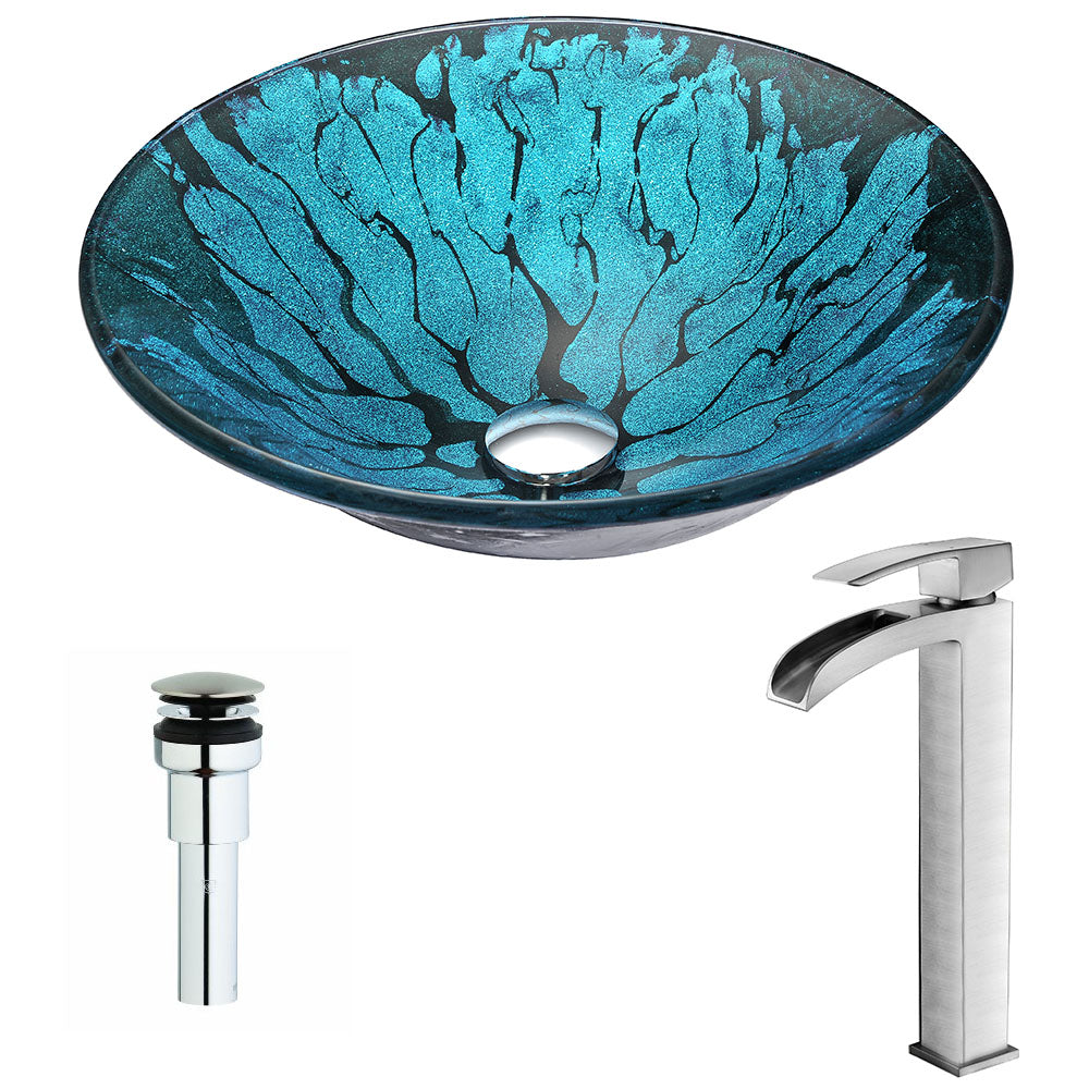 ANZZI Key Series Deco-Glass Vessel Sink in Lustrous Blue and Black with Key Faucet ANZZI