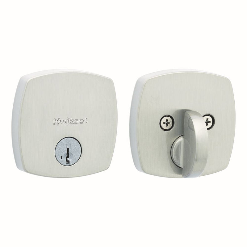 Kwikset Midtown Contemporary Low Profile Single Cylinder SmartKey Deadbolt with 6AL Latch and STRKP Strike Pack which includes Square Corner, Round Corner and 5303 Round Corner Full Lip Strikes KA3 Kwikset