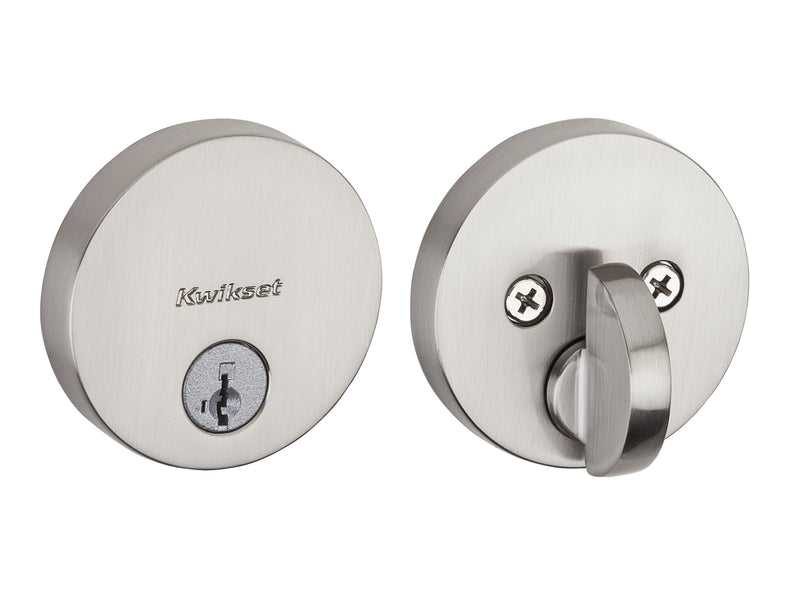 Kwikset Uptown Round Contemporary Low Profile Single Cylinder SmartKey Deadbolt with 6AL Latch and STRKP Strike Pack which includes Square Corner, Round Corner and 5303 Round Corner Full Lip Strikes KA3 Kwikset