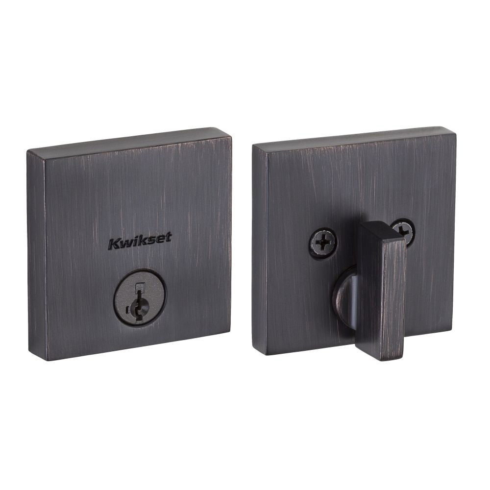 Kwikset Downtown Square Contemporary Low Profile Single Cylinder SmartKey Deadbolt with 6AL Latch and STRKP Strike Pack which includes Square Corner, Round Corner and 5303 Round Corner Full Lip Strikes KA3 Kwikset