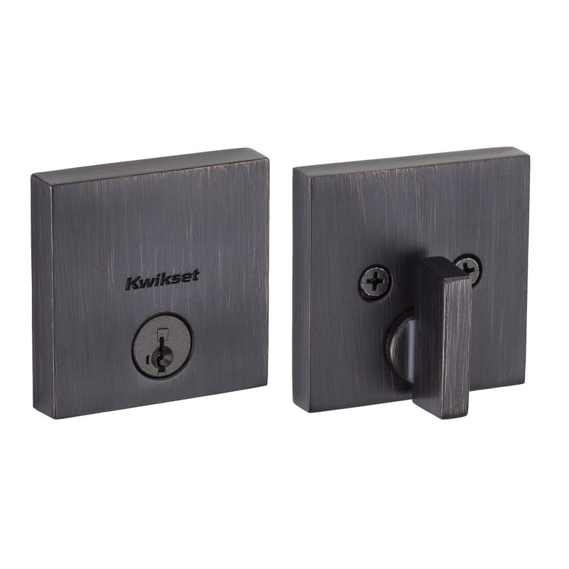 Kwikset Downtown Square Contemporary Low Profile Single Cylinder SmartKey Deadbolt with 6AL Latch and STRKP Strike Pack which includes Square Corner, Round Corner and 5303 Round Corner Full Lip Strikes KA3 Kwikset