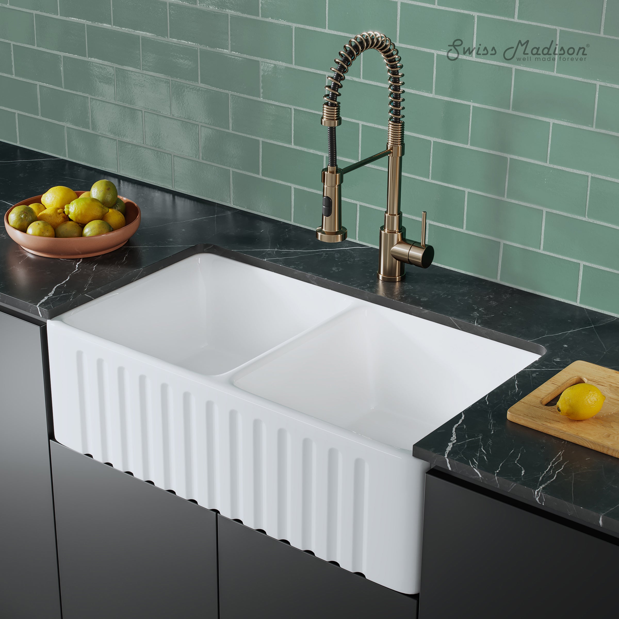 Swiss Madison Delice 33" Double Basin Fireclay Farmhouse Kitchen Sink