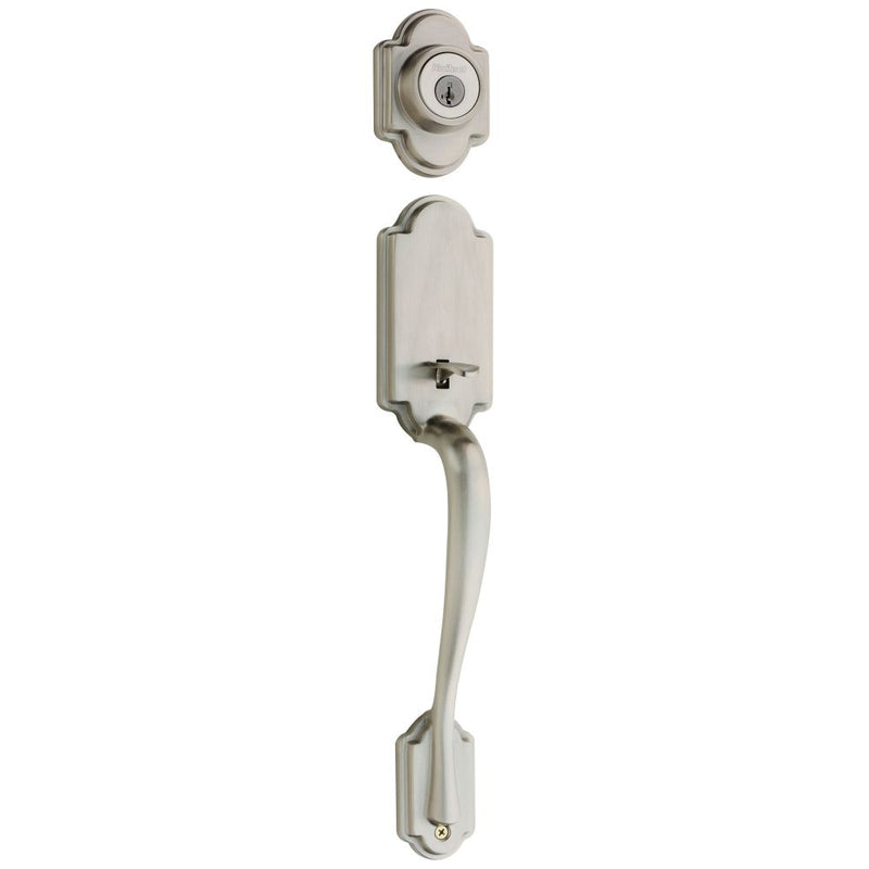 Kwikset Arlington Single Cylinder Exterior Handleset SmartKey with 6AL Latch and STRKP Strike Pack which includes Square Corner; Round Corner and 5303 Round Corner Full Lip Strikes Kwikset
