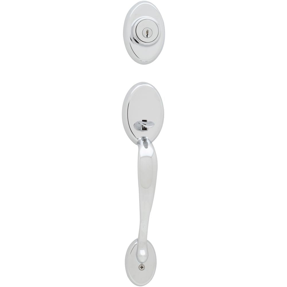 Kwikset Chelsea Single Cylinder Exterior Handleset SmartKey with 6AL Latch and STRKP Strike Pack which includes Square Corner, Round Corner and 5303 Round Corner Full Lip Strikes Kwikset