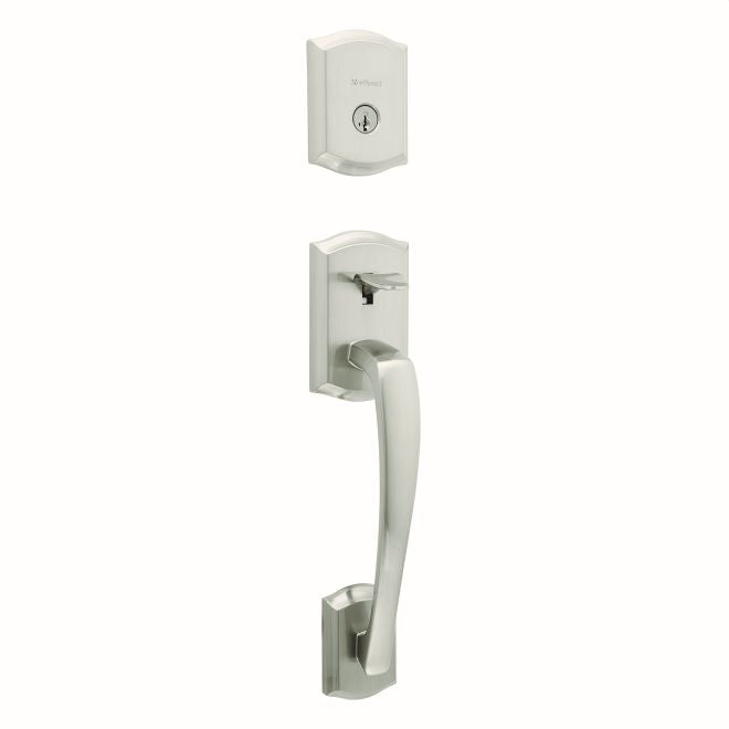 Kwikset Prescott Single Cylinder Exterior Handleset with SmartKey with 6AL Latch and STRKP Strike Pack which includes Square Corner; Round Corner and 5303 Round Corner Full Lip Strikes Kwikset
