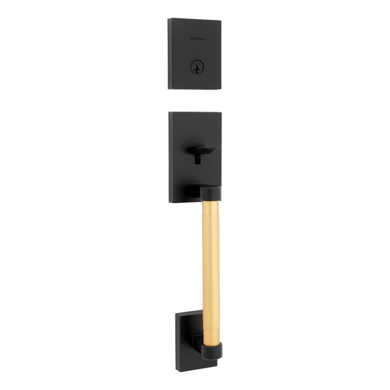 Kwikset Single Cylinder Prava Exterior Handleset with Satin Brass Grip with SmartKey with 6AL Latch and STRKP Strike Pack which includes Square Corner; Round Corner and 5303 Round Corner Full Lip Strikes Kwikset