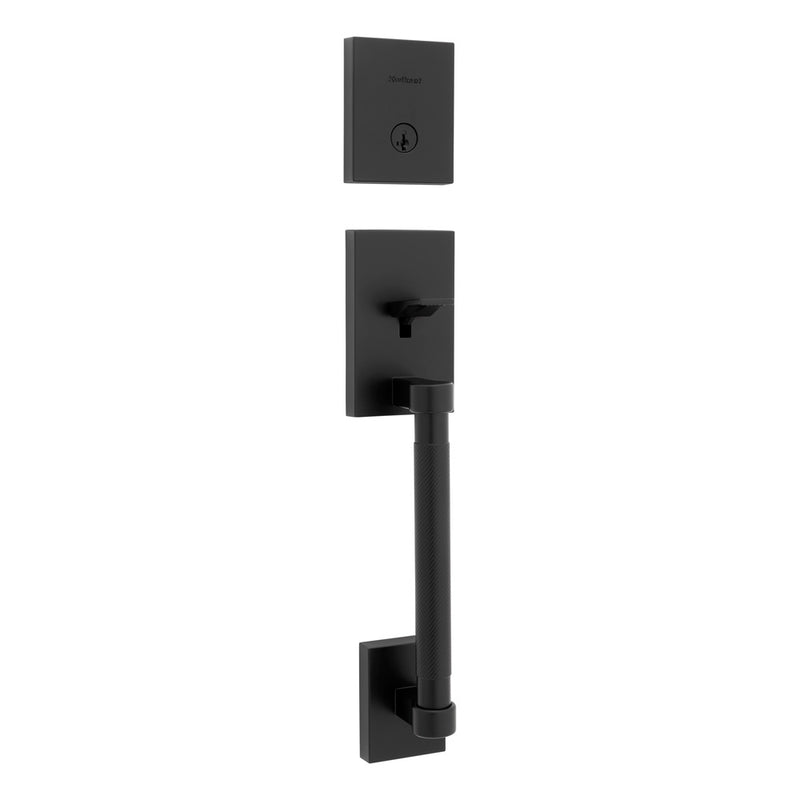 Kwikset Single Cylinder Prava Exterior Handleset with SmartKey with 6AL Latch and STRKP Strike Pack which includes Square Corner; Round Corner and 5303 Round Corner Full Lip Strikes Kwikset