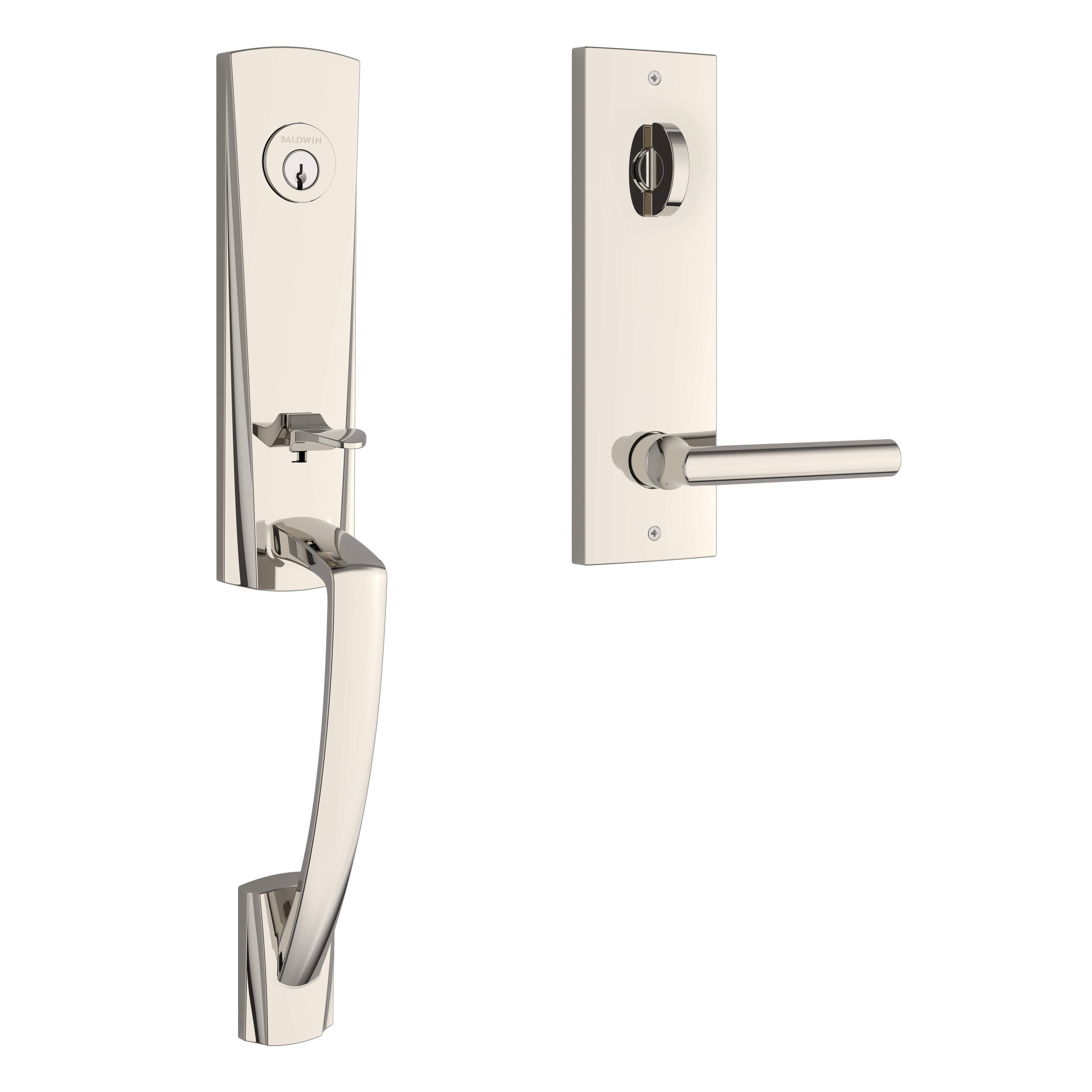 Baldwin Reserve Emergency Egress Miami Handleset with Tube Lever and Contemporary Square Escutcheon with 6AL Latch and Dual Strike  Bright Nickel PVD Finish Baldwin Reserve