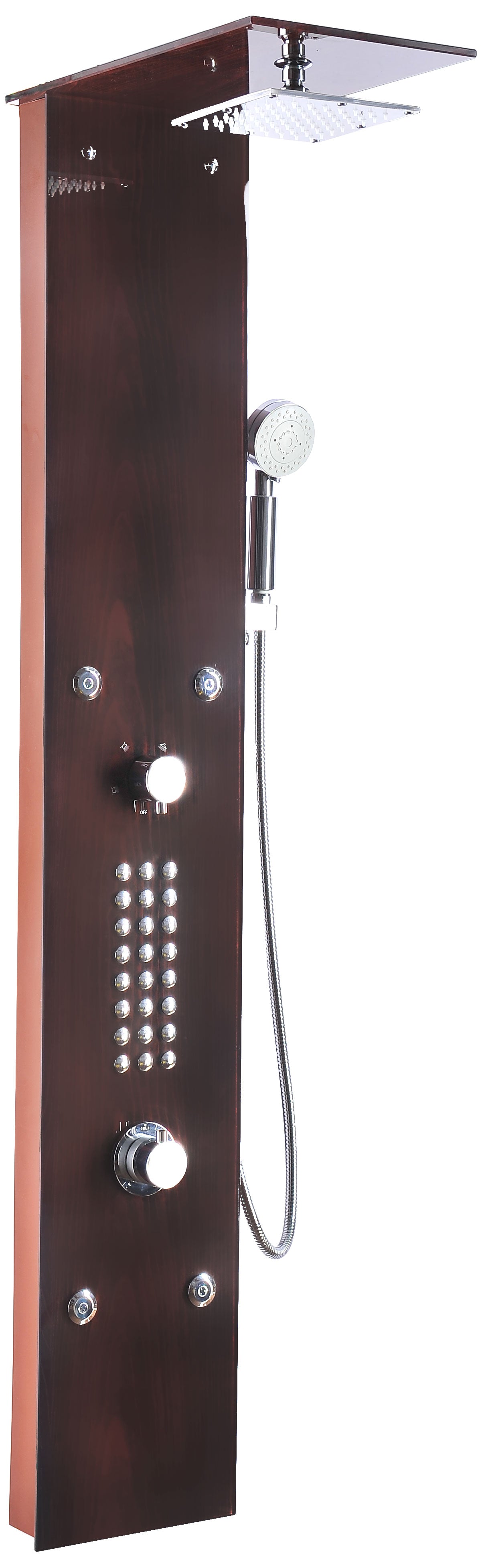 ANZZI  Rite 60.75 in. 28-Jetted Full Body Shower Panel with Heavy Rain Shower and Spray Wand in Mahogany Style Deco-Glass ANZZI