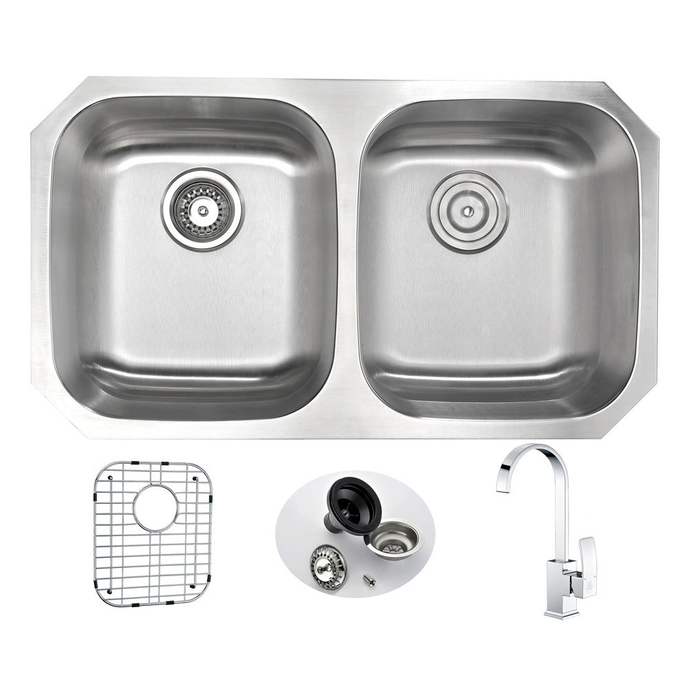 ANZZI  MOORE Undermount 32 in. Double Bowl Kitchen Sink with Opus Faucet ANZZI