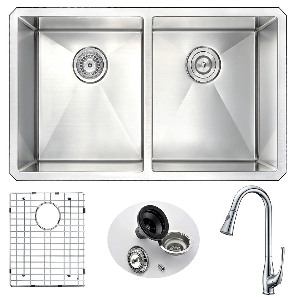 ANZZI  VANGUARD Undermount 32 in. Double Bowl Kitchen Sink with Singer Faucet ANZZI