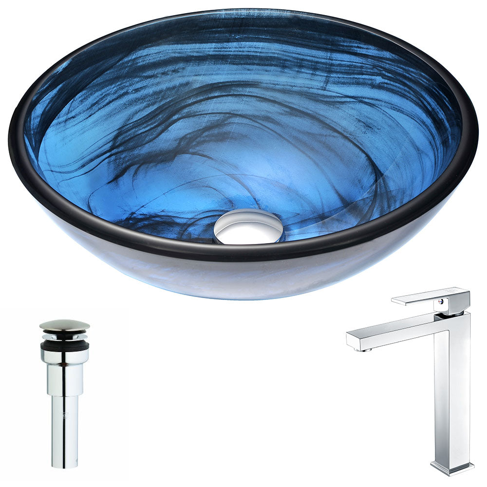 ANZZI  Soave Series Deco-Glass Vessel Sink in Sapphire Wisp with Enti Faucet ANZZI