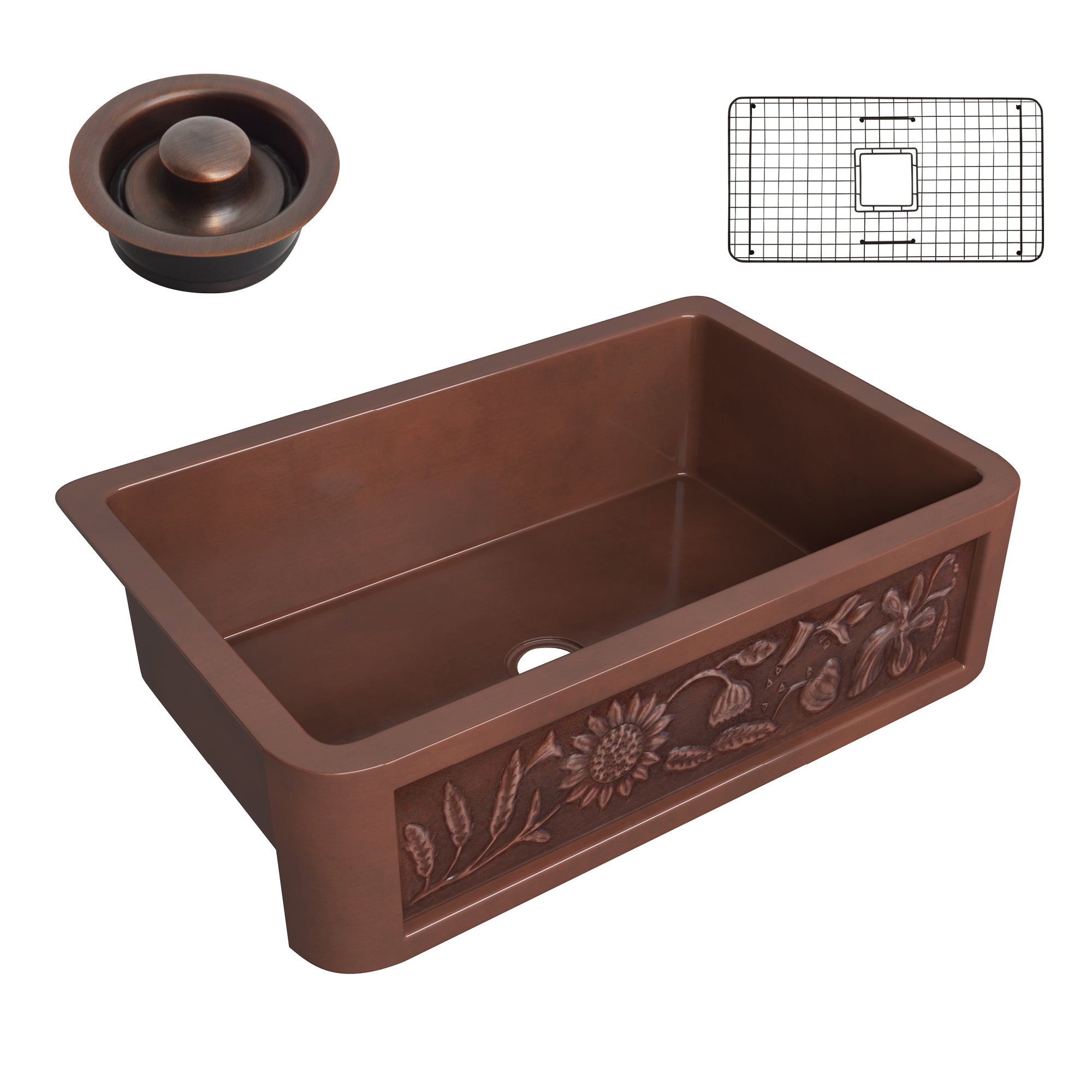 ANZZI Anatolian Farmhouse Handmade Copper 33 in. 0-Hole Single Bowl Kitchen Sink with Sunflower Design Panel ANZZI