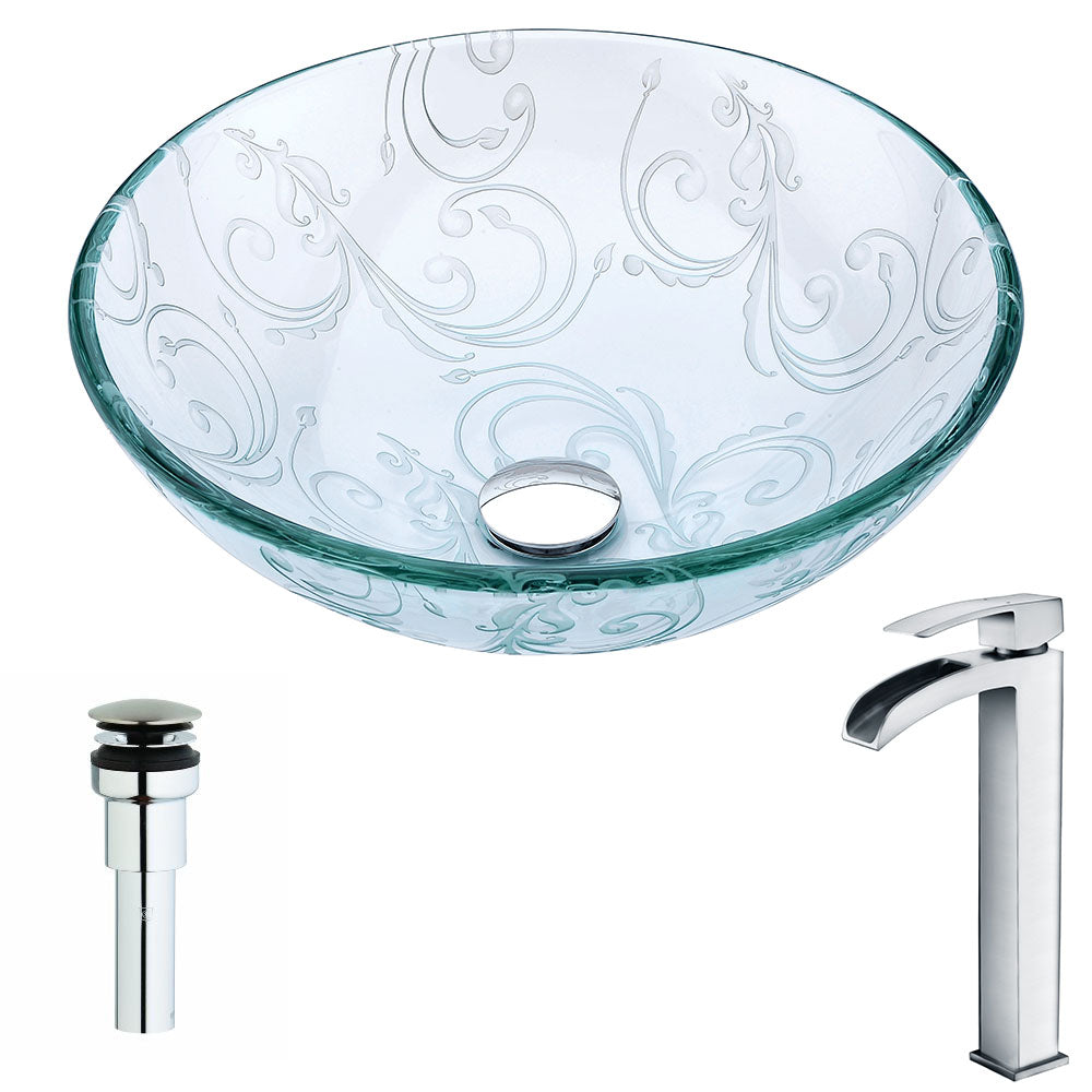 ANZZI  Vieno Series Deco-Glass Vessel Sink in Crystal Clear Floral with Key Faucet ANZZI