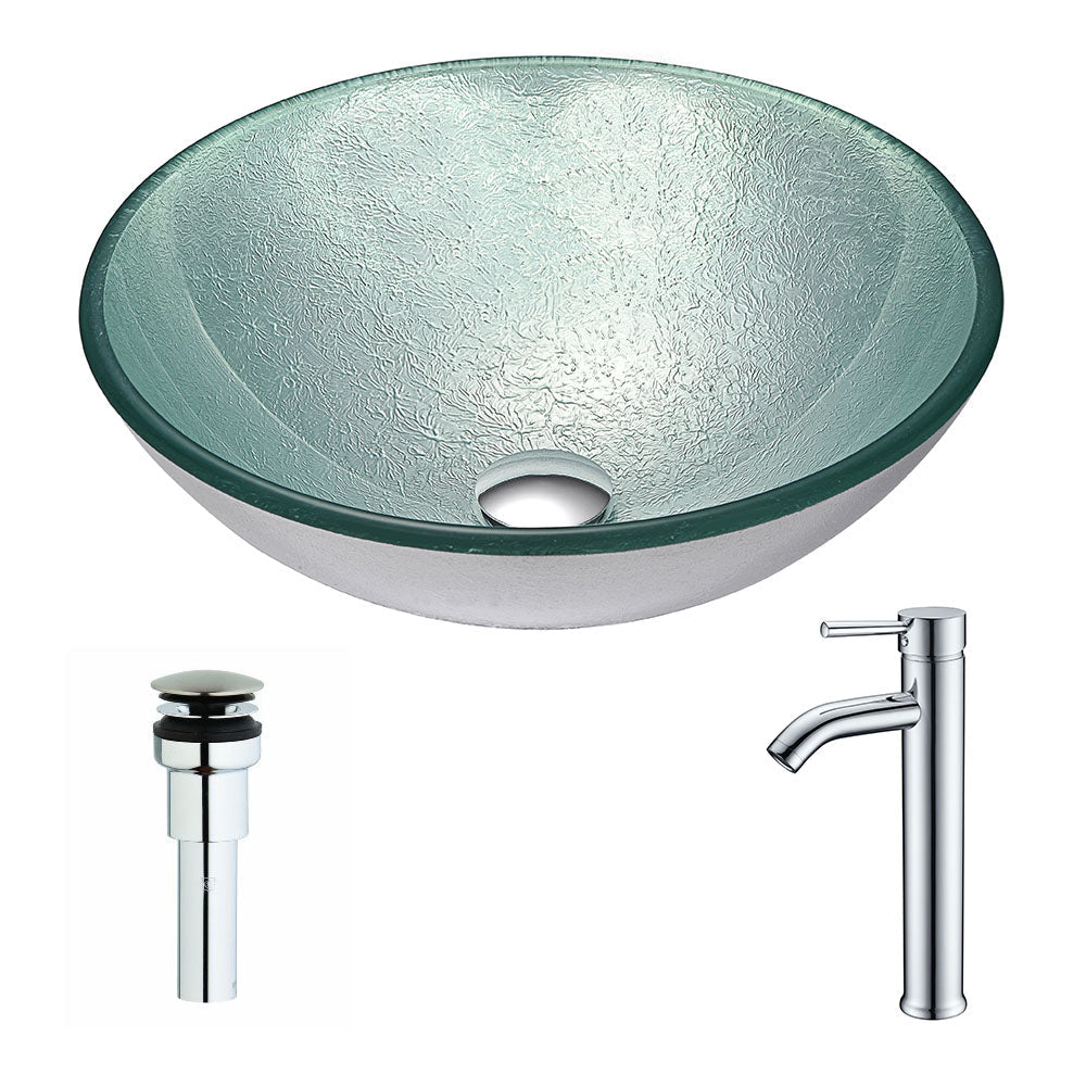 ANZZI  Spirito Series Deco-Glass Vessel Sink in Churning Silver with Fann Faucet ANZZI
