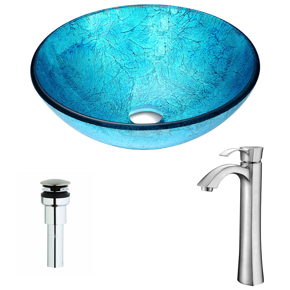 ANZZI Accent Series Deco-Glass Vessel Sink in Blue Ice with Harmony Faucet ANZZI