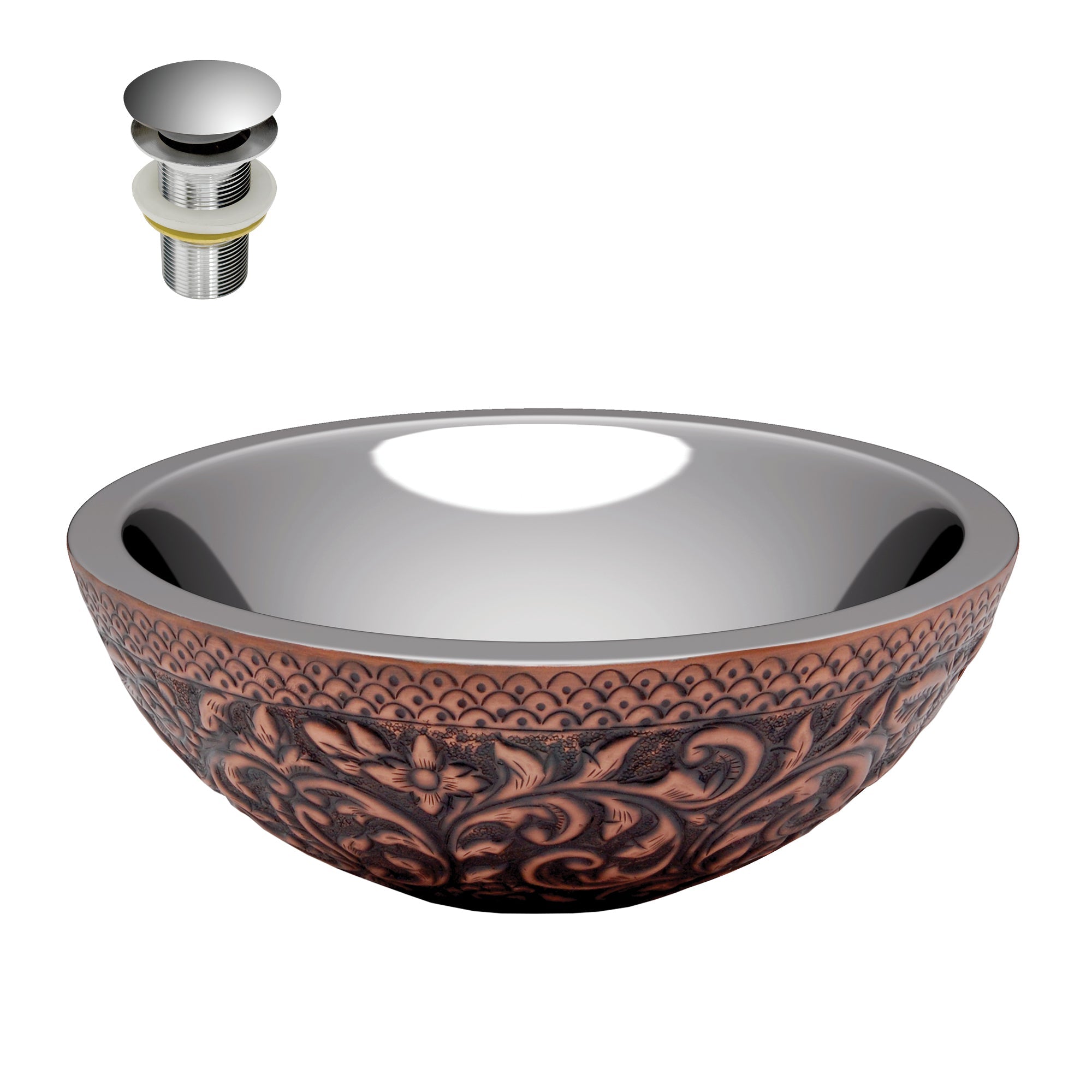 ANZZI  Crete 14 in.  Handmade Vessel Sink with Nickel Interior and Floral Design Exterior ANZZI