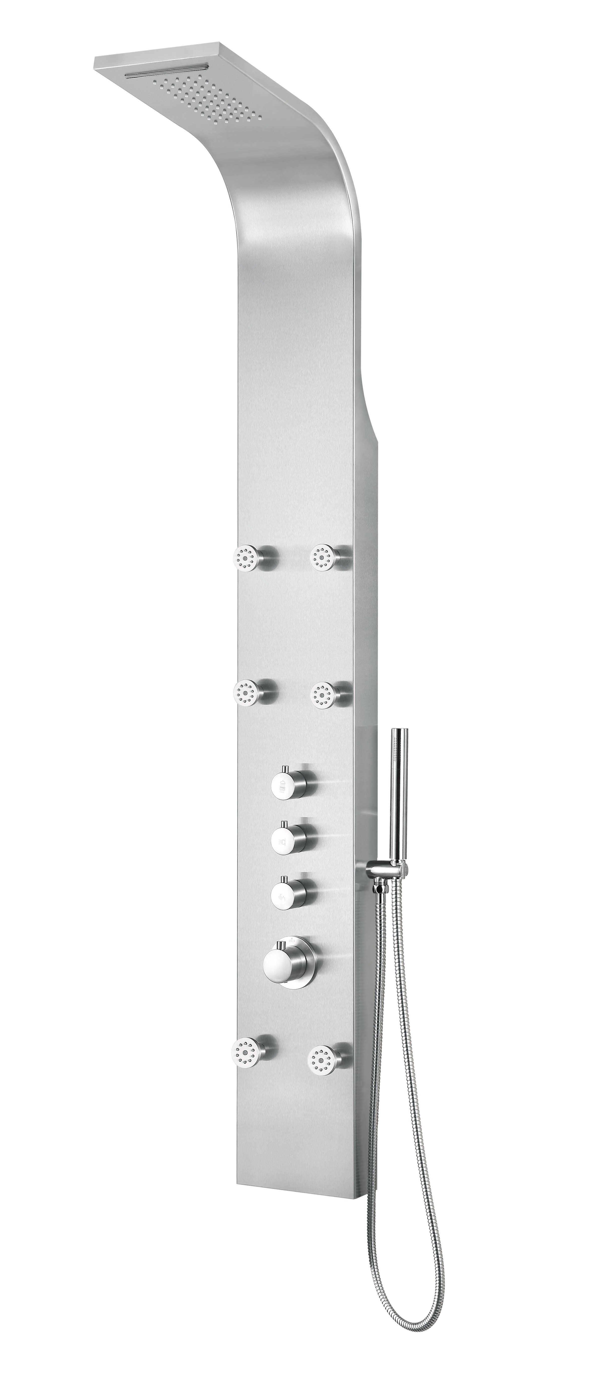ANZZI  Fontan 64 in. 6-Jetted Full Body Shower Panel with Heavy Rain Shower and Spray Wand in Brushed Steel ANZZI