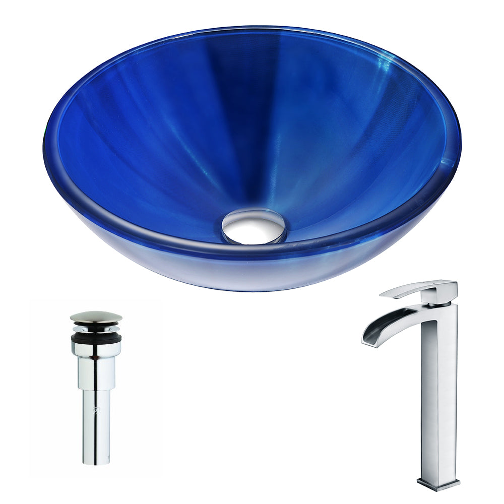ANZZI  Meno Series Deco-Glass Vessel Sink in Lustrous Blue with Key Faucet ANZZI