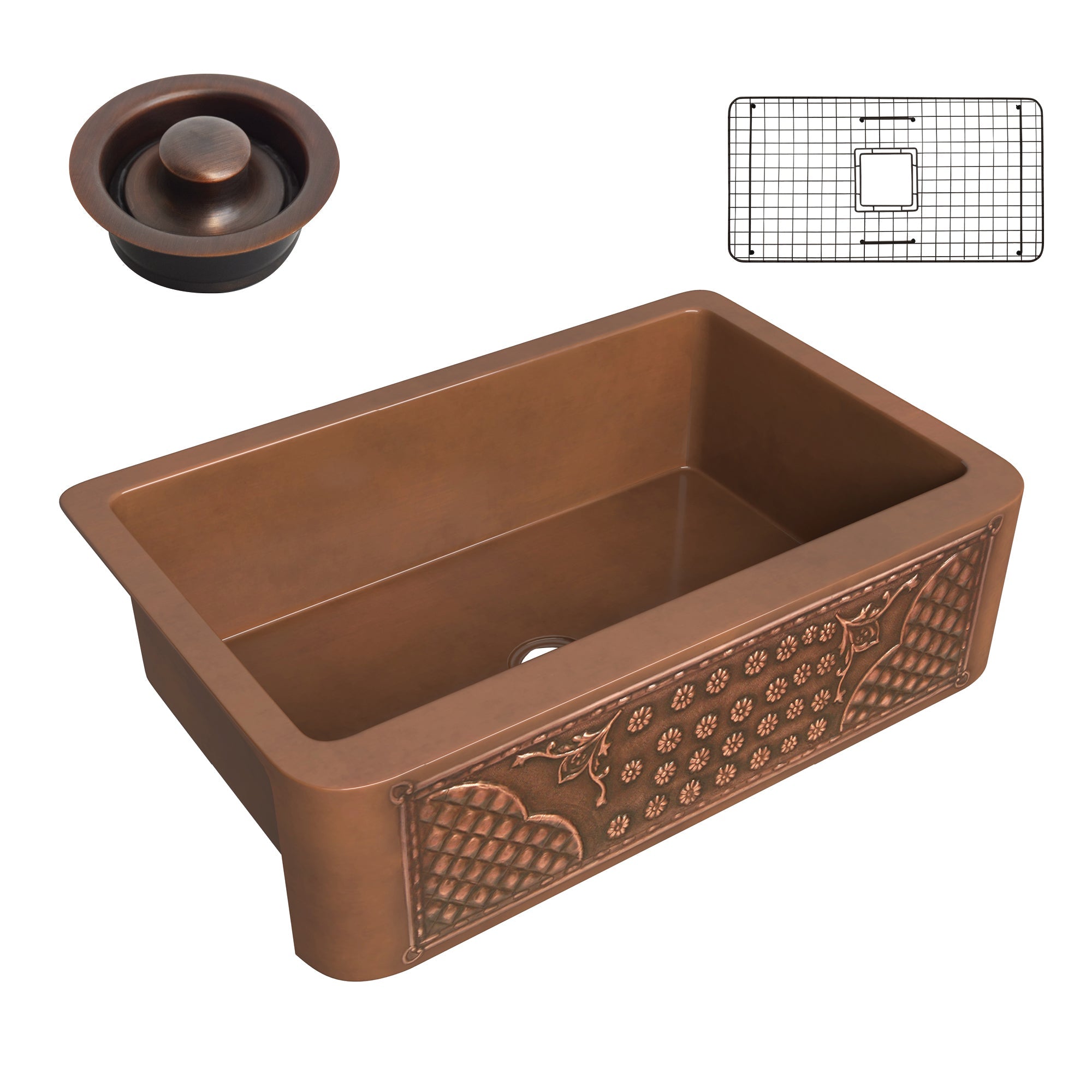 ANZZI  Macedonian Farmhouse Handmade Copper 33 in. 0-Hole Single Bowl Kitchen Sink with Flower Bed Design Panel in Polished Antique Copper ANZZI