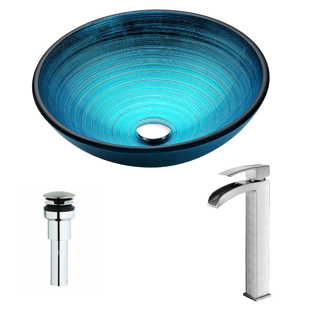 ANZZI  Enti Series Deco-Glass Vessel Sink in Lustrous Blue with Key Faucet ANZZI