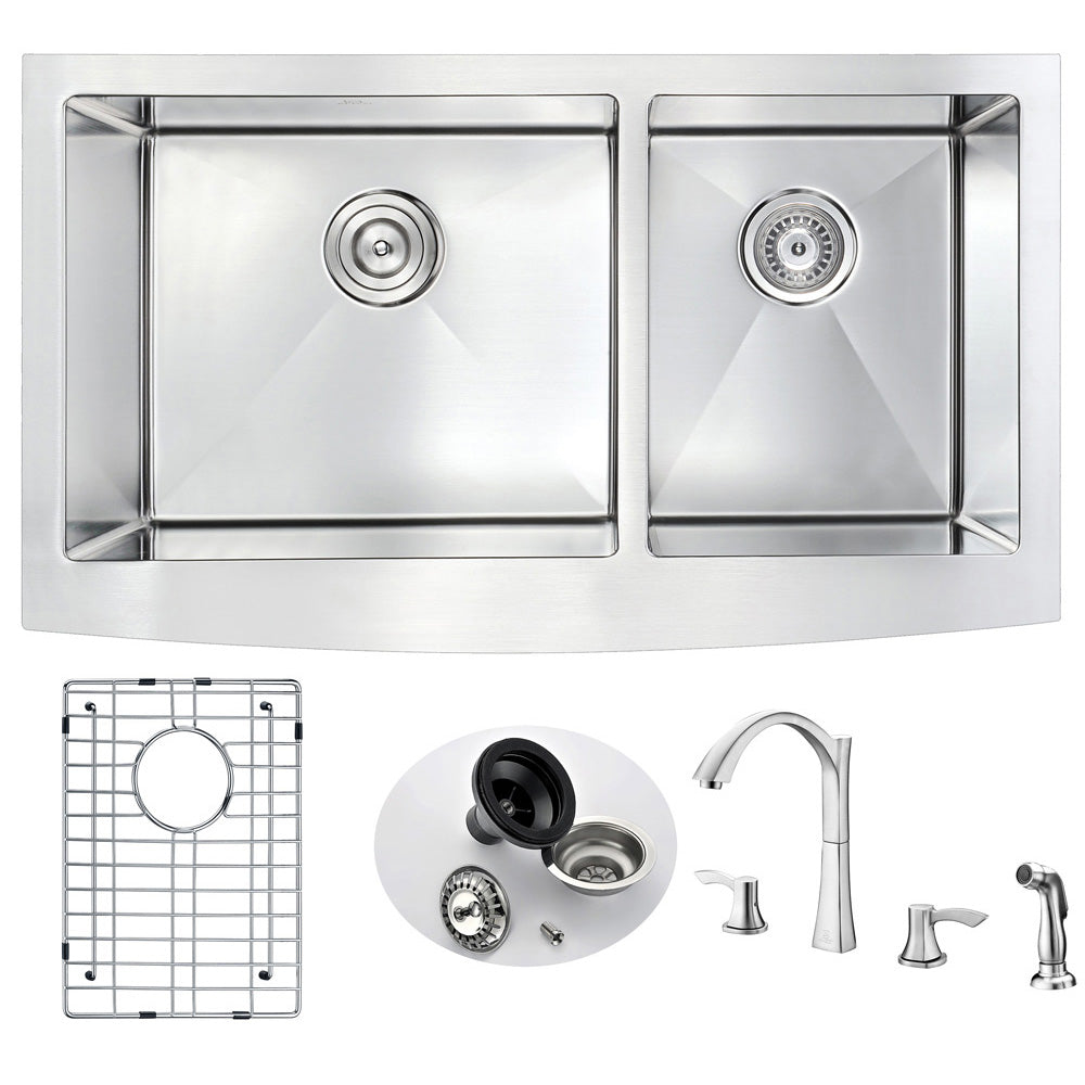 ANZZI  ELYSIAN Farmhouse Stainless Steel 33 in. Double Bowl Kitchen Sink and Faucet Set with Soave Faucet ANZZI