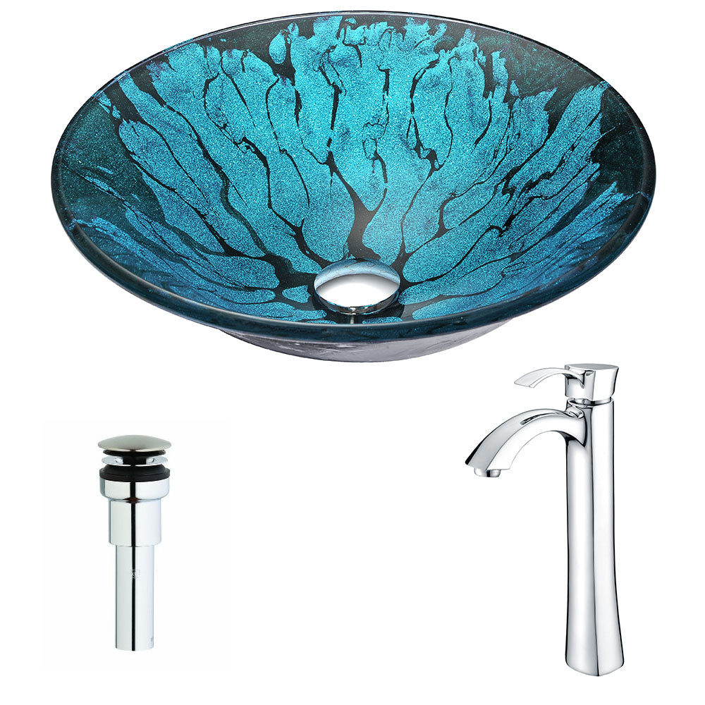 ANZZI  Key Series Deco-Glass Vessel Sink in Lustrous Blue and Black with Harmony Faucet ANZZI
