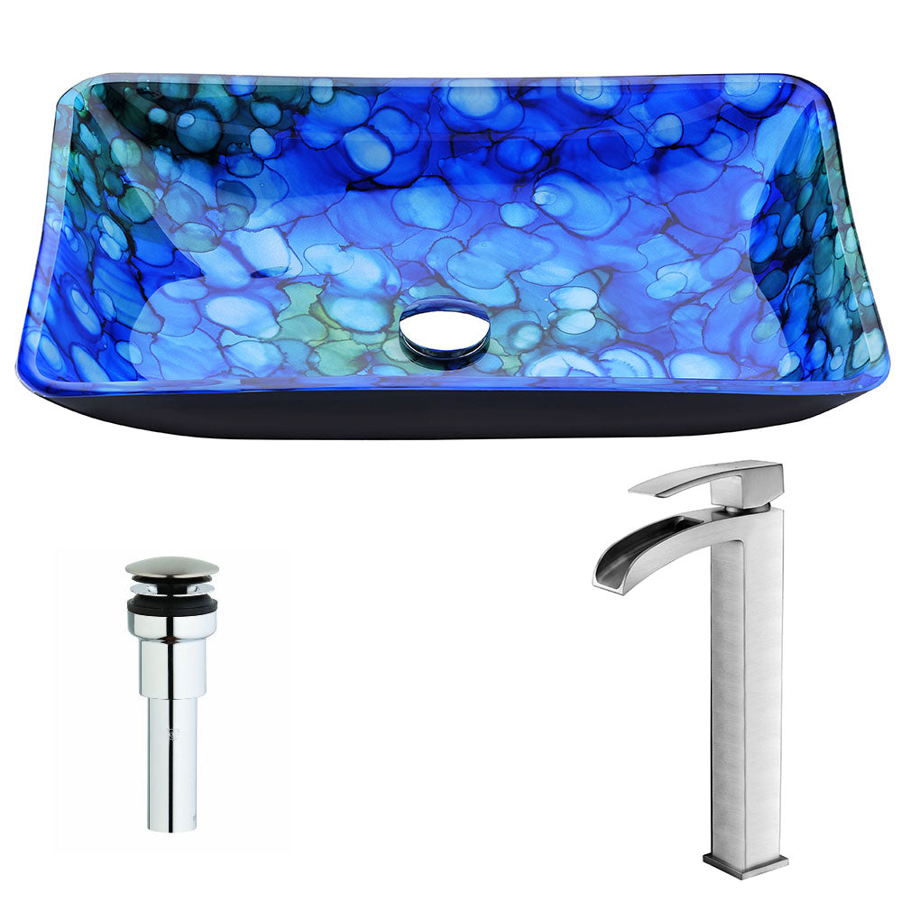 ANZZI  Voce Series Deco-Glass Vessel Sink in Lustrous Blue with Key Faucet ANZZI