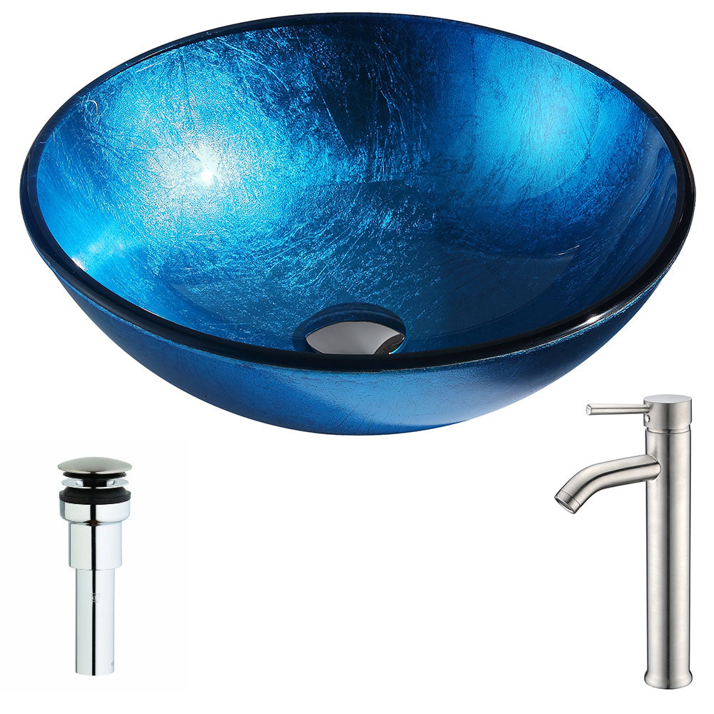 ANZZI  Arc Series Deco-Glass Vessel Sink in Lustrous Light Blue with Fann Faucet ANZZI
