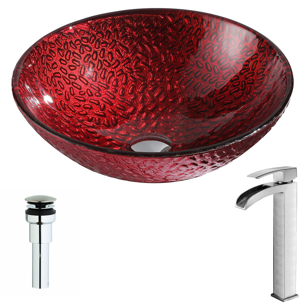 ANZZI  Rhythm Series Deco-Glass Vessel Sink in Lustrous Red with Key Faucet ANZZI