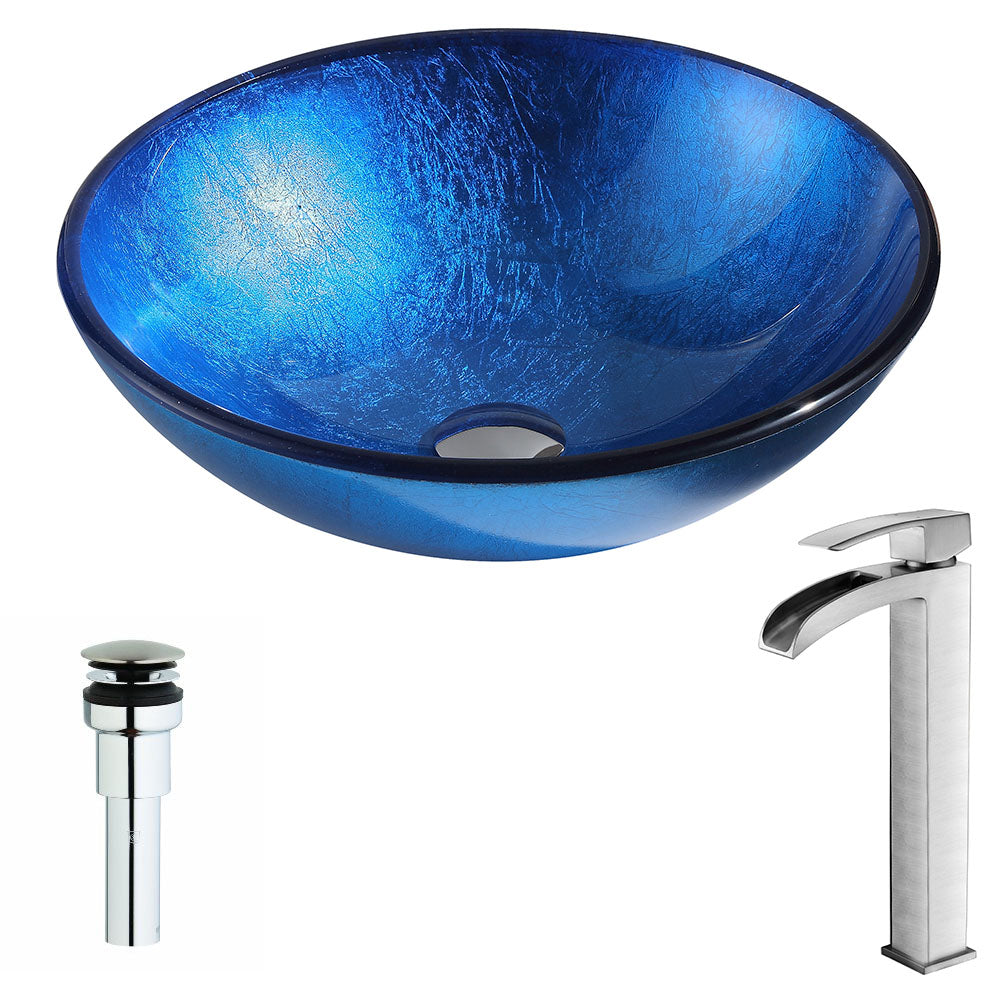 ANZZI  Clavier Series Deco-Glass Vessel Sink in Lustrous Blue with Key Faucet ANZZI