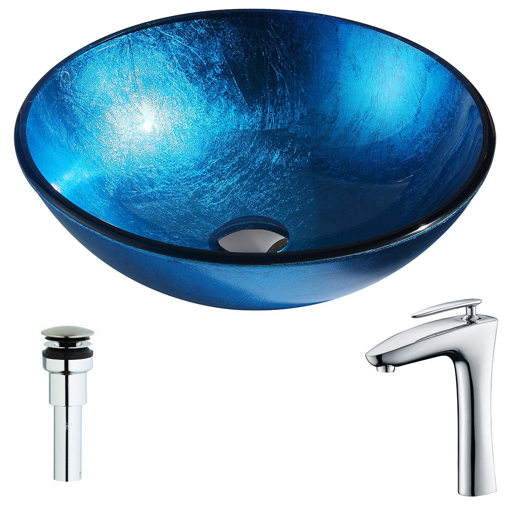 ANZZI  Arc Series Deco-Glass Vessel Sink in Lustrous Light Blue with Crown Faucet ANZZI