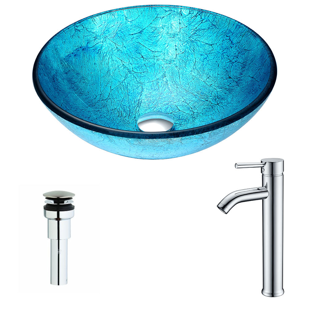 ANZZI Accent Series Deco-Glass Vessel Sink in Blue Ice with Fann Faucet ANZZI