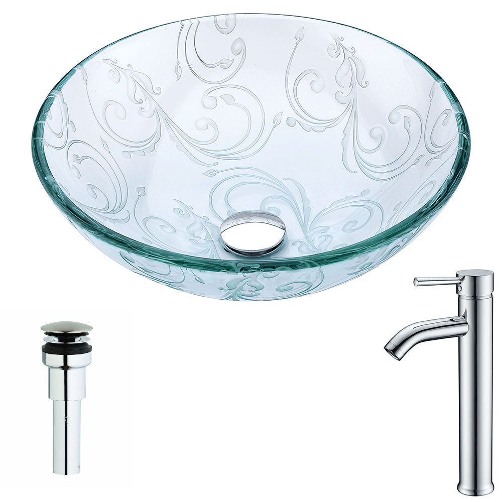 ANZZI  Vieno Series Deco-Glass Vessel Sink in Crystal Clear Floral with Fann Faucet ANZZI