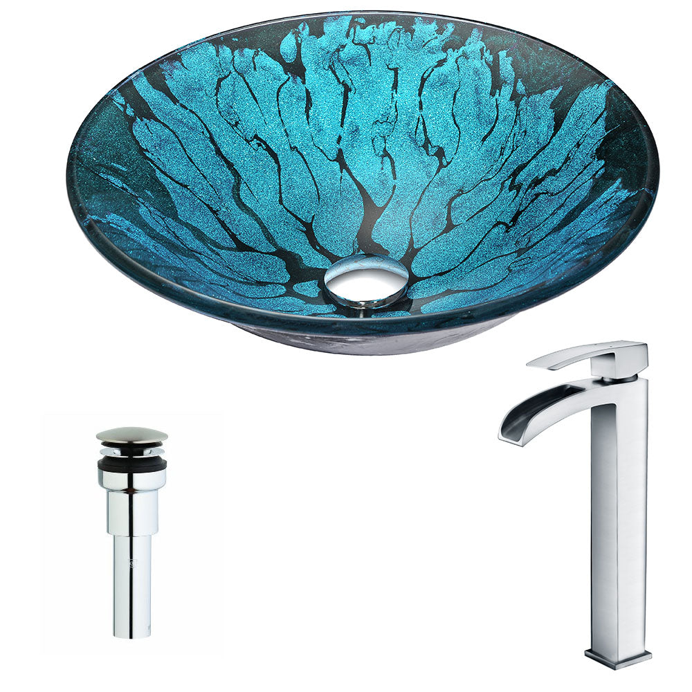 ANZZI  Key Series Deco-Glass Vessel Sink in Lustrous Blue and Black with Key Faucet ANZZI