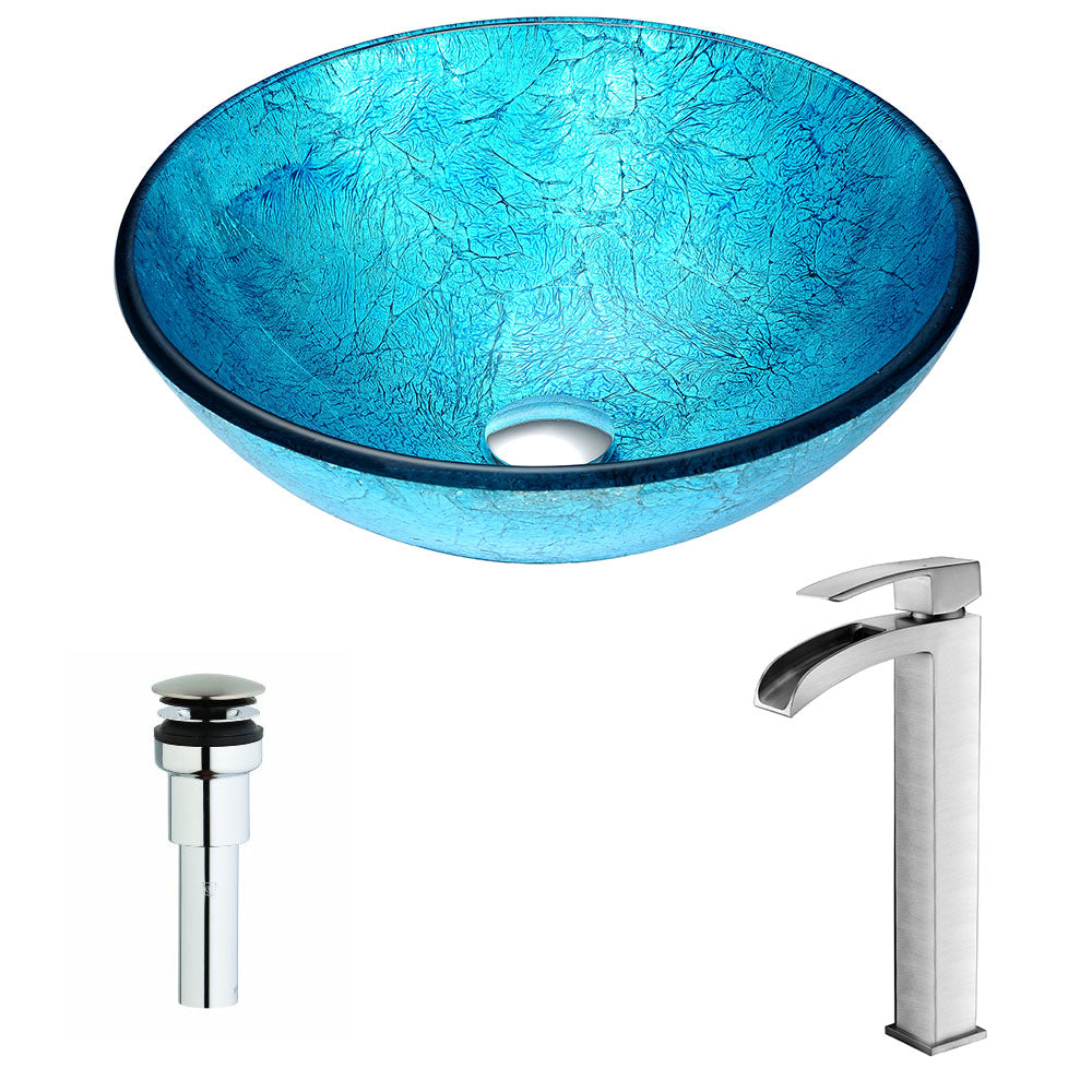 ANZZI Accent Series Deco-Glass Vessel Sink in Blue Ice with Key Faucet ANZZI