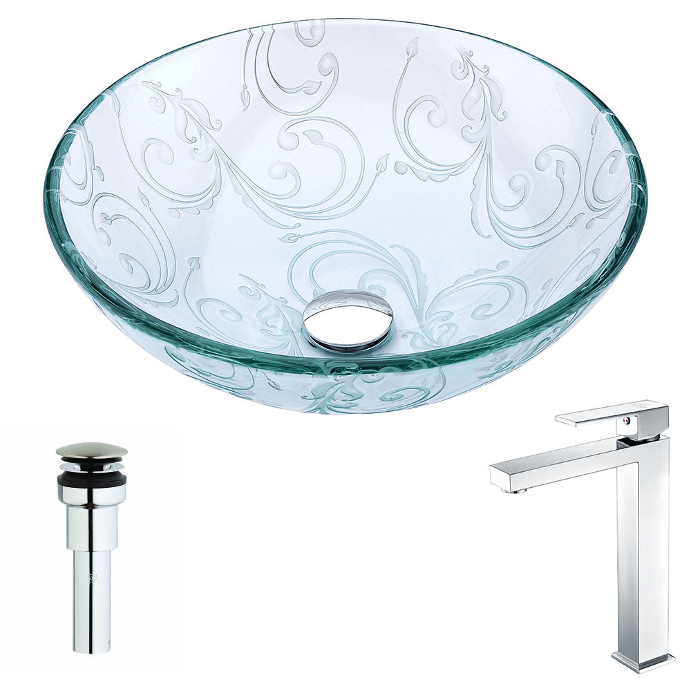 ANZZI  Vieno Series Deco-Glass Vessel Sink in Crystal Clear Floral with Enti Faucet ANZZI