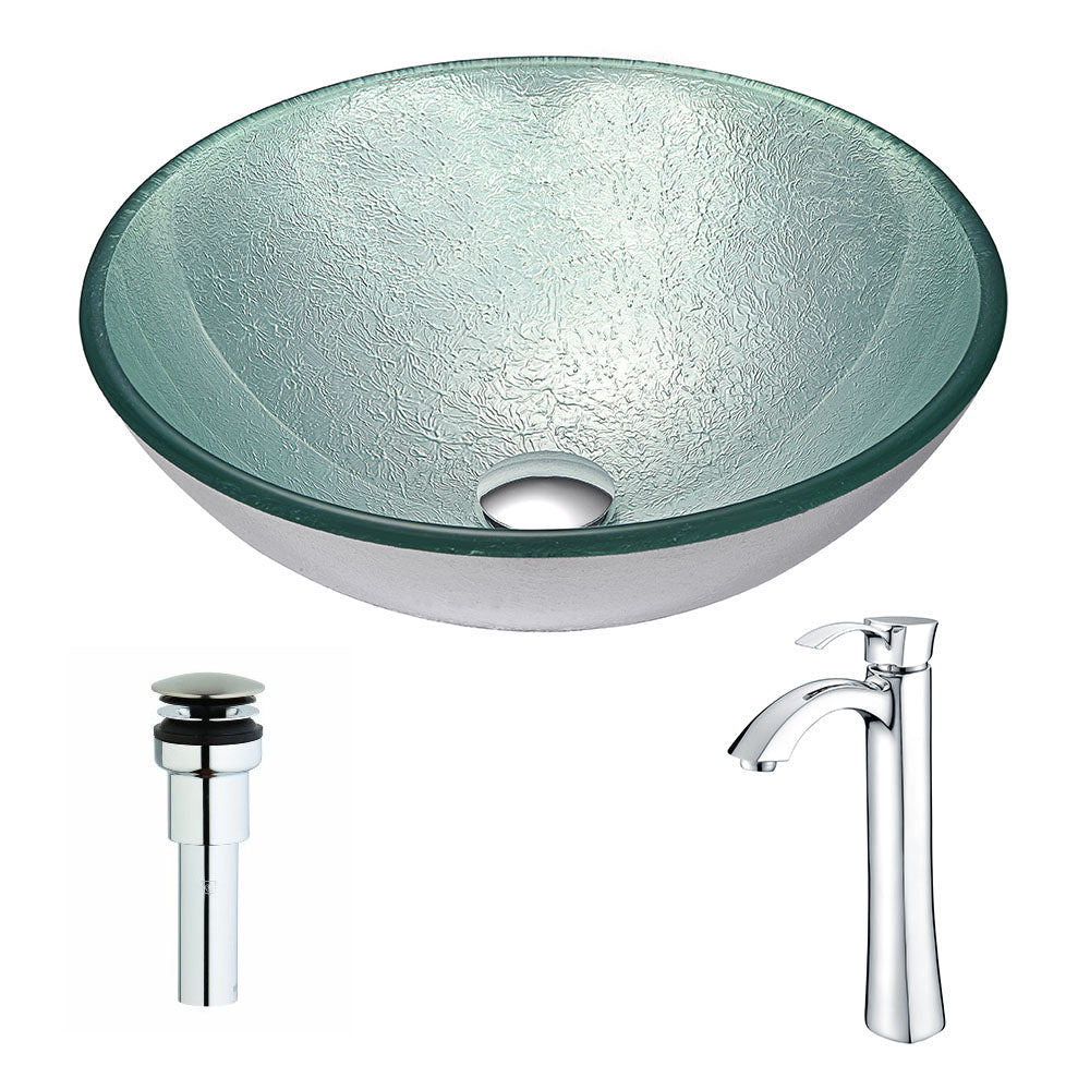ANZZI  Spirito Series Deco-Glass Vessel Sink in Churning Silver with Harmony Faucet ANZZI