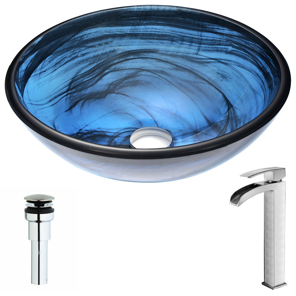 ANZZI  Soave Series Deco-Glass Vessel Sink in Sapphire Wisp with Key Faucet ANZZI