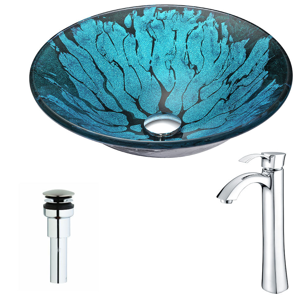 ANZZI  Key Series Deco-Glass Vessel Sink in Lustrous Blue and Black with Harmony Faucet ANZZI