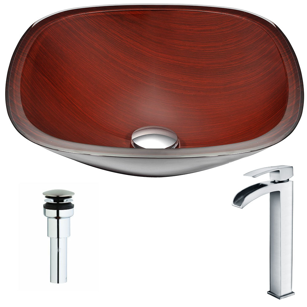 ANZZI  Cansa Series Deco-Glass Vessel Sink in Rich Timber with Key Faucet ANZZI