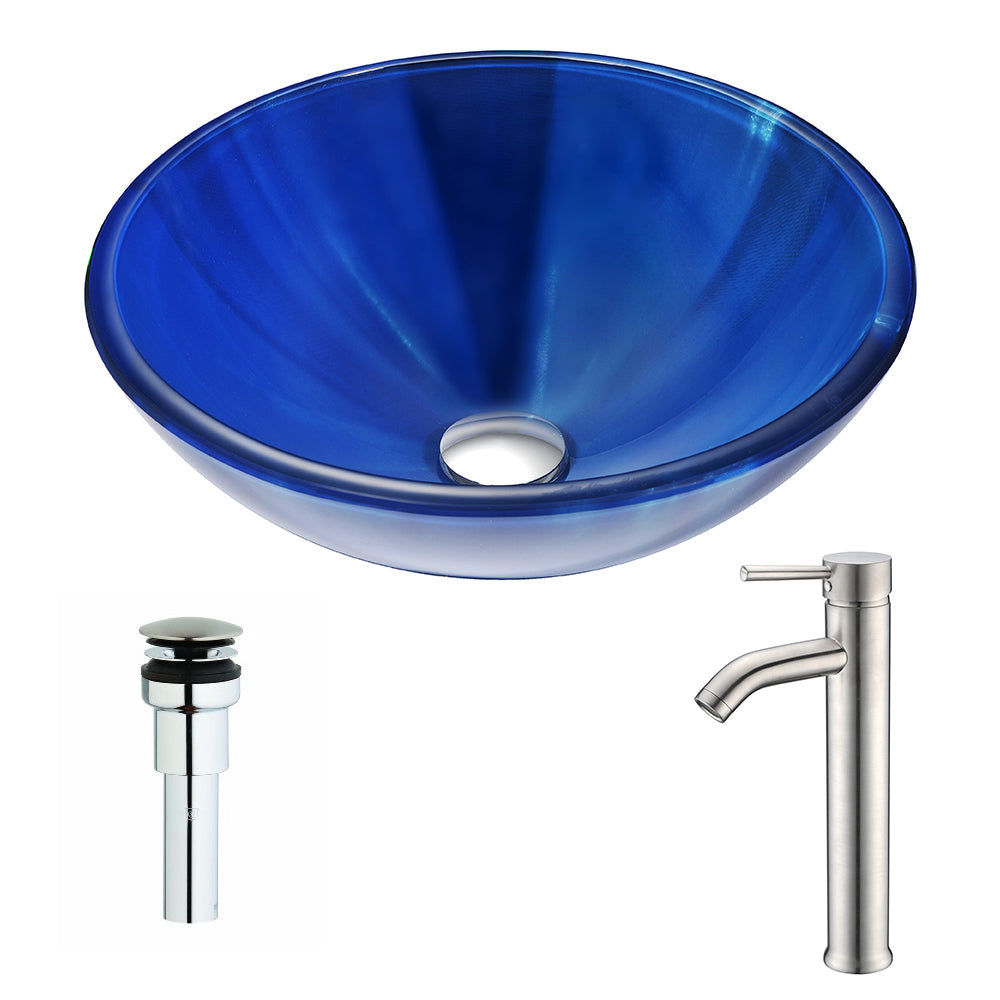 ANZZI  Meno Series Deco-Glass Vessel Sink in Lustrous Blue with Fann Faucet ANZZI