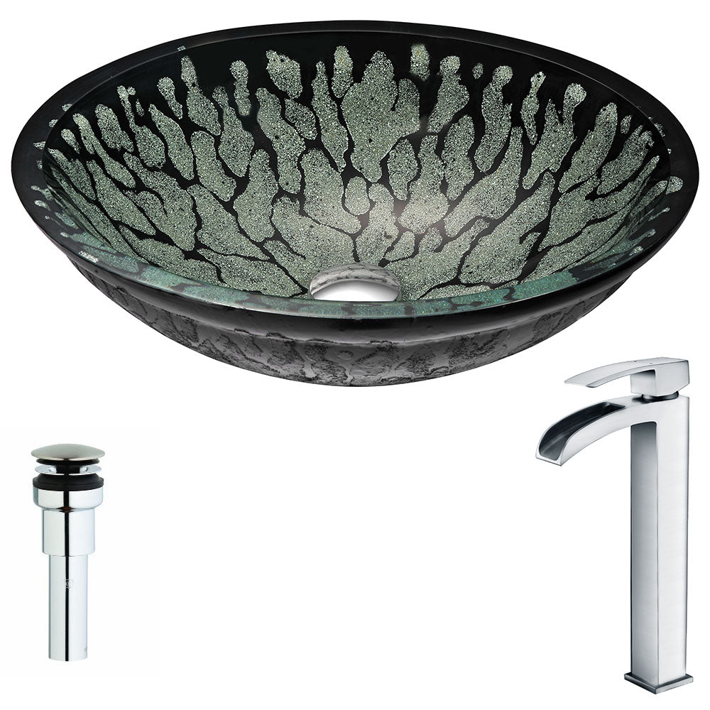 ANZZI  Bravo Series Deco-Glass Vessel Sink in Lustrous Black with Key Faucet ANZZI