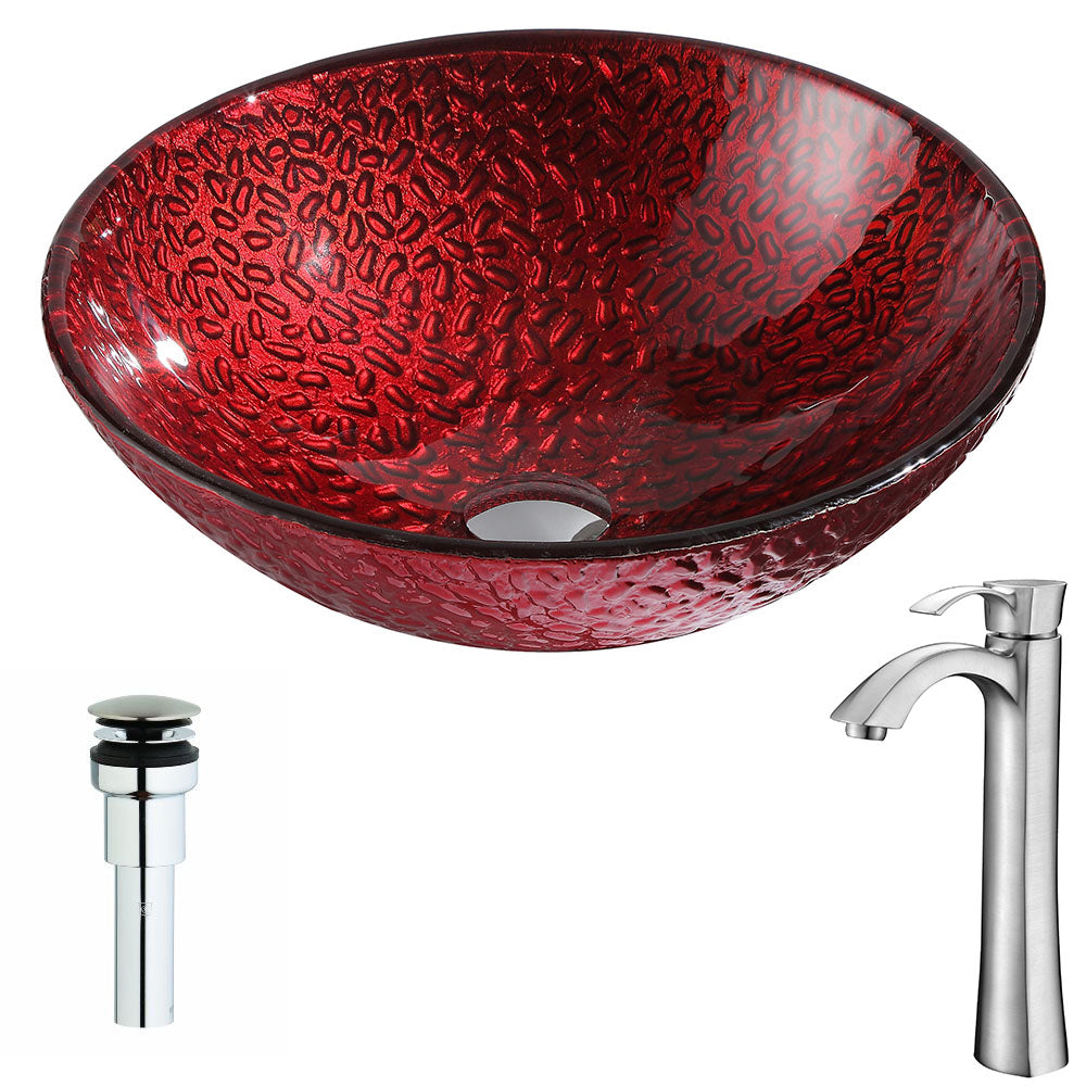 ANZZI  Rhythm Series Deco-Glass Vessel Sink in Lustrous Red Finish with Harmony Faucet ANZZI
