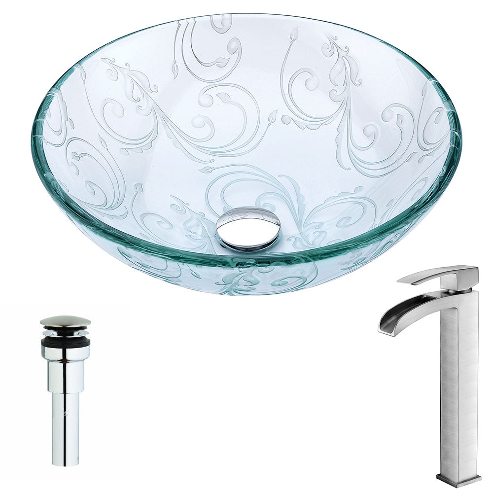 ANZZI  Vieno Series Deco-Glass Vessel Sink in Crystal Clear Floral with Key Faucet ANZZI