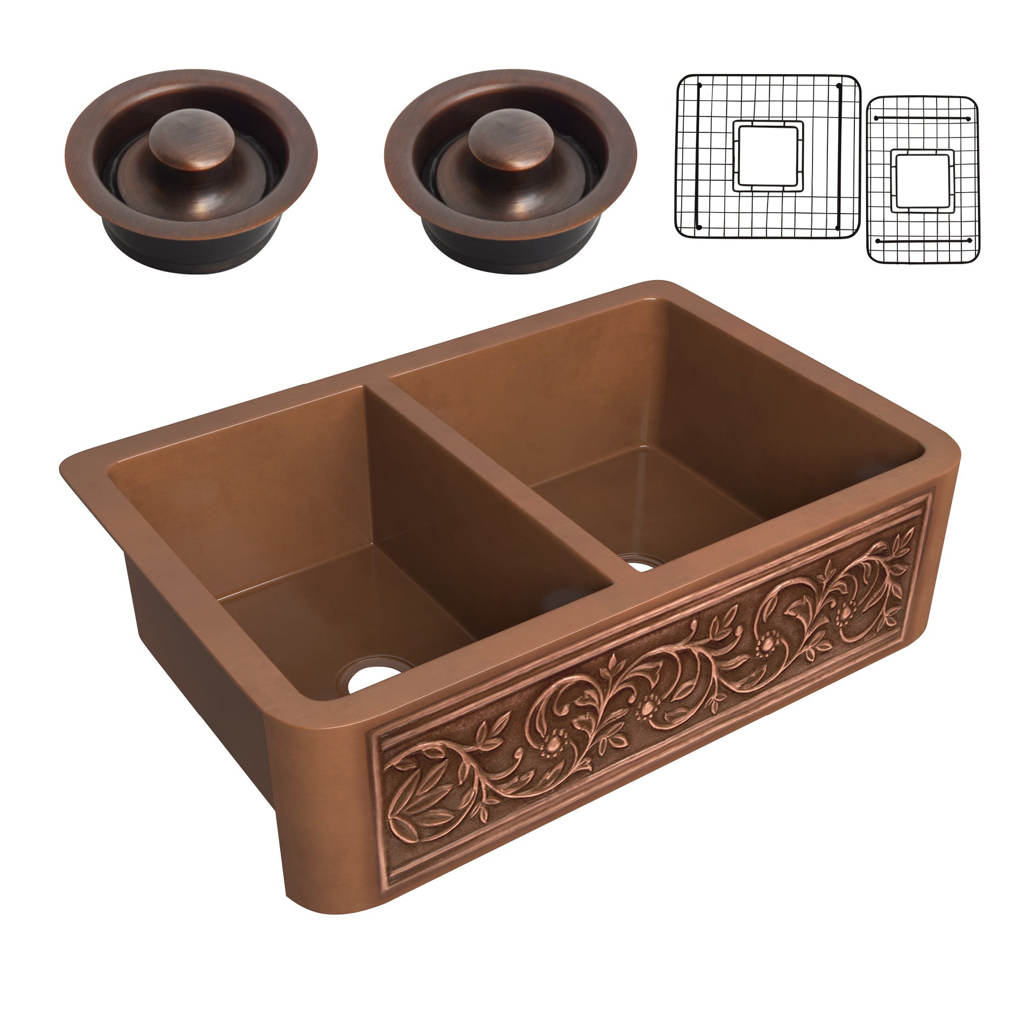 ANZZI  Moesia Farmhouse Handmade Copper 33 in. 60/40 Double Bowl Kitchen Sink with Floral Design in Polished Antique Copper ANZZI