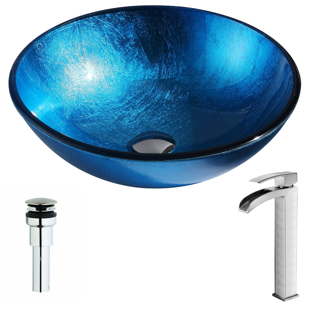ANZZI  Arc Series Deco-Glass Vessel Sink in Lustrous Light Blue with Key Faucet ANZZI