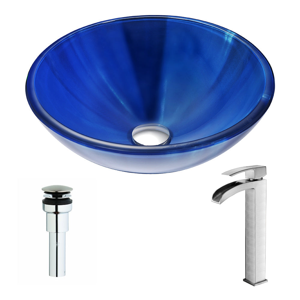 ANZZI  Meno Series Deco-Glass Vessel Sink in Lustrous Blue with Key Faucet ANZZI